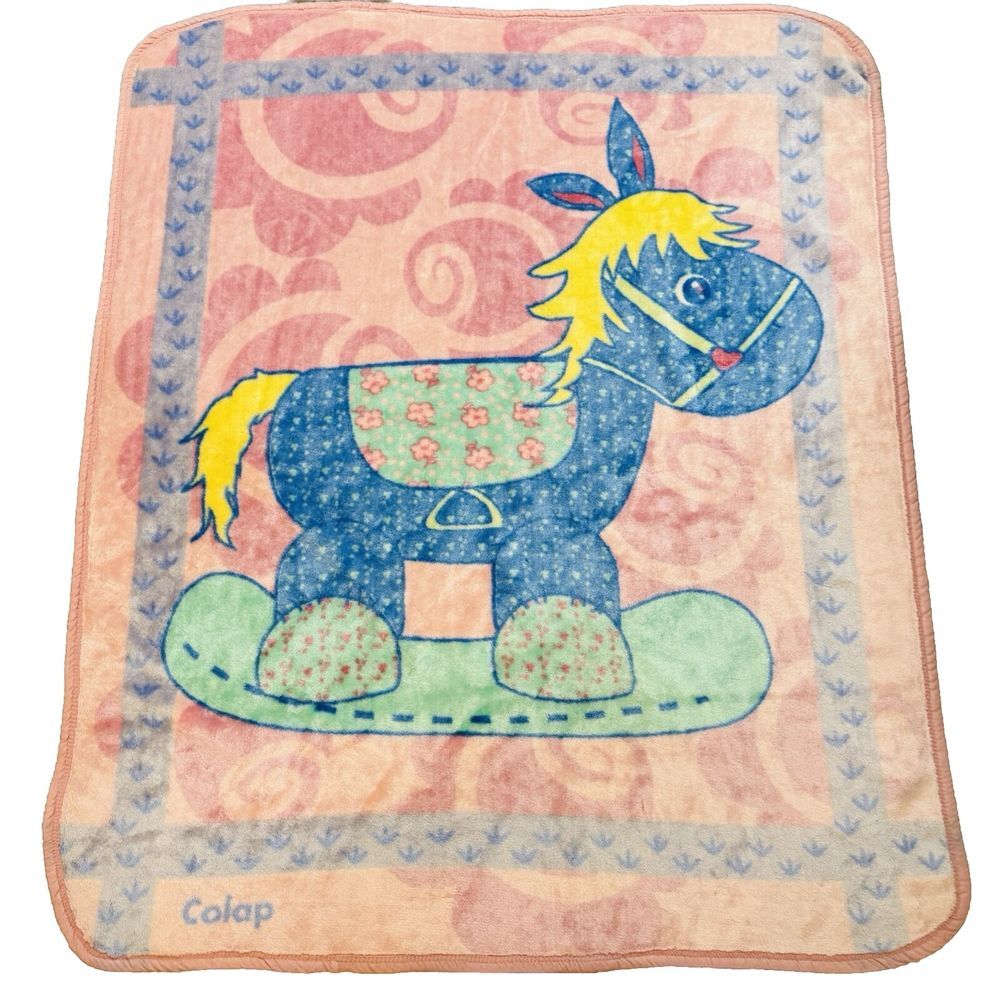 Colap‎ Pink Blue Rocking Horse Plush Baby Blanket Fleece Nursery Throw